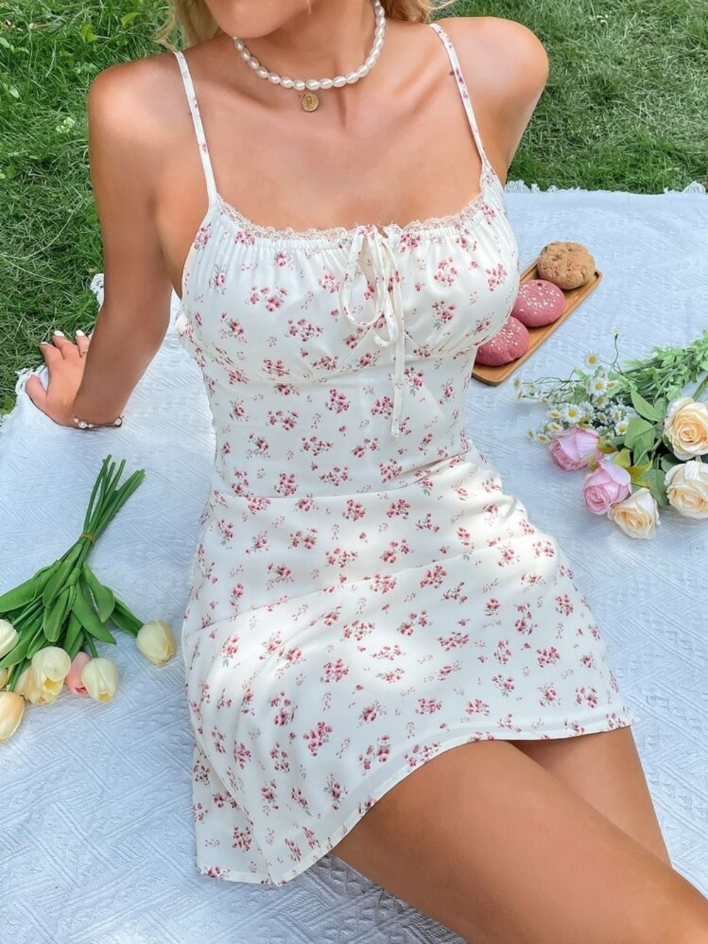 White Ditsy Floral Lace Trim Mini Dress XS